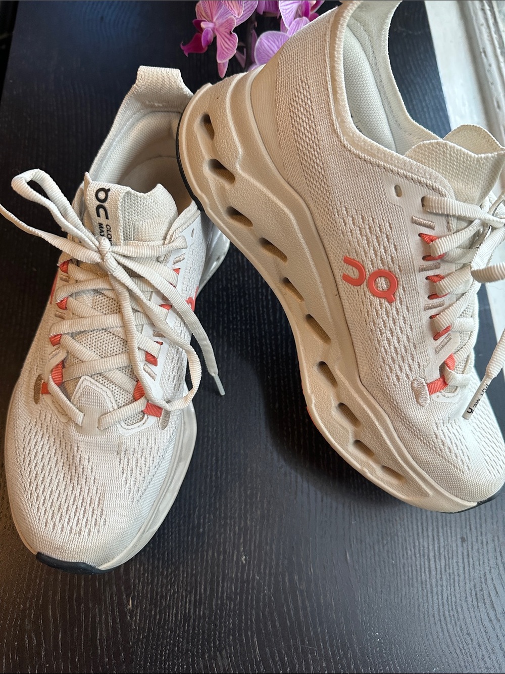 On Running Women's Cloudsurfer Max Sneakers in Cream with Coral Accents